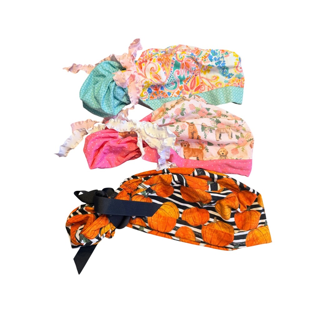 Womens Scrub Caps Lot of 3 Multicolor Ponytail Holder Bows Floral Pumpkin Dog